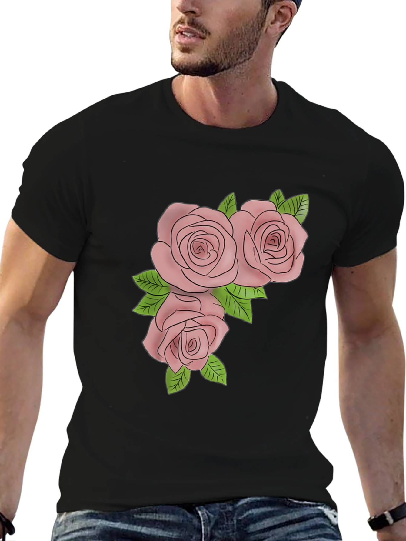 Mens Black T-Shirt with Rose Graphic