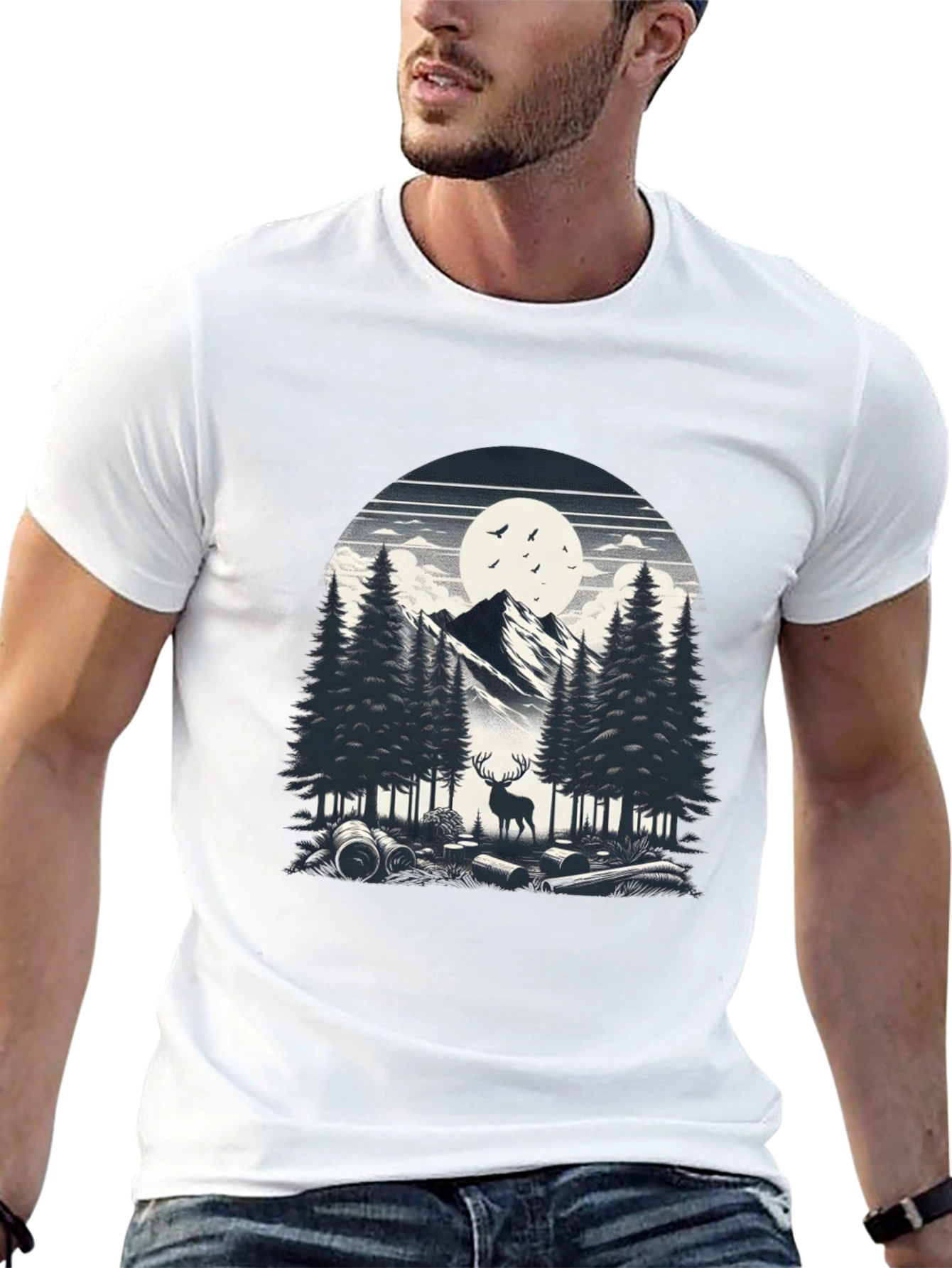 Nature Scene Graphic Tee - Deer & Mountain
