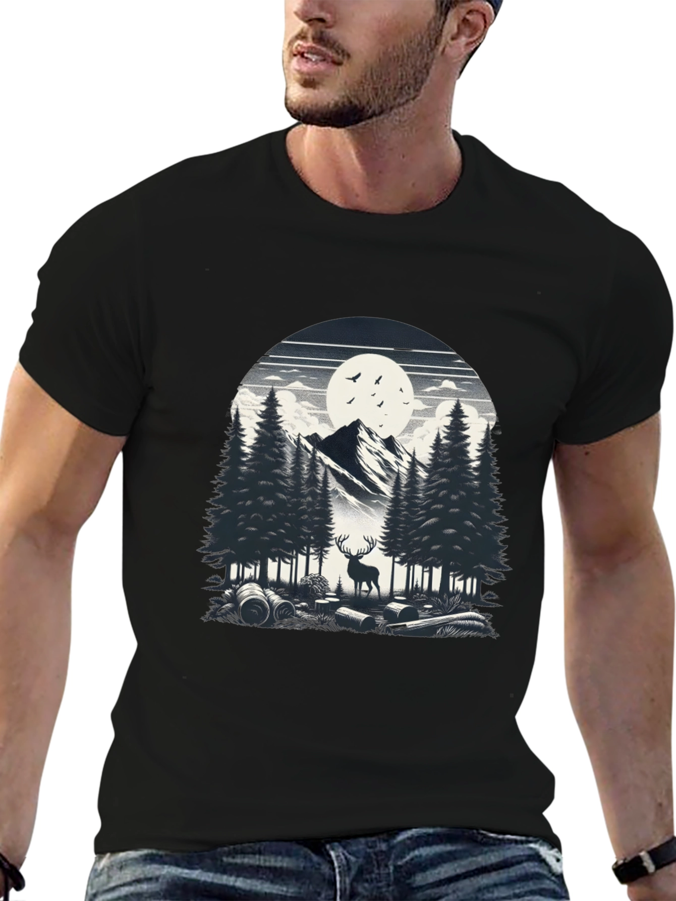 Nature Scene Graphic Tee - Deer & Mountain