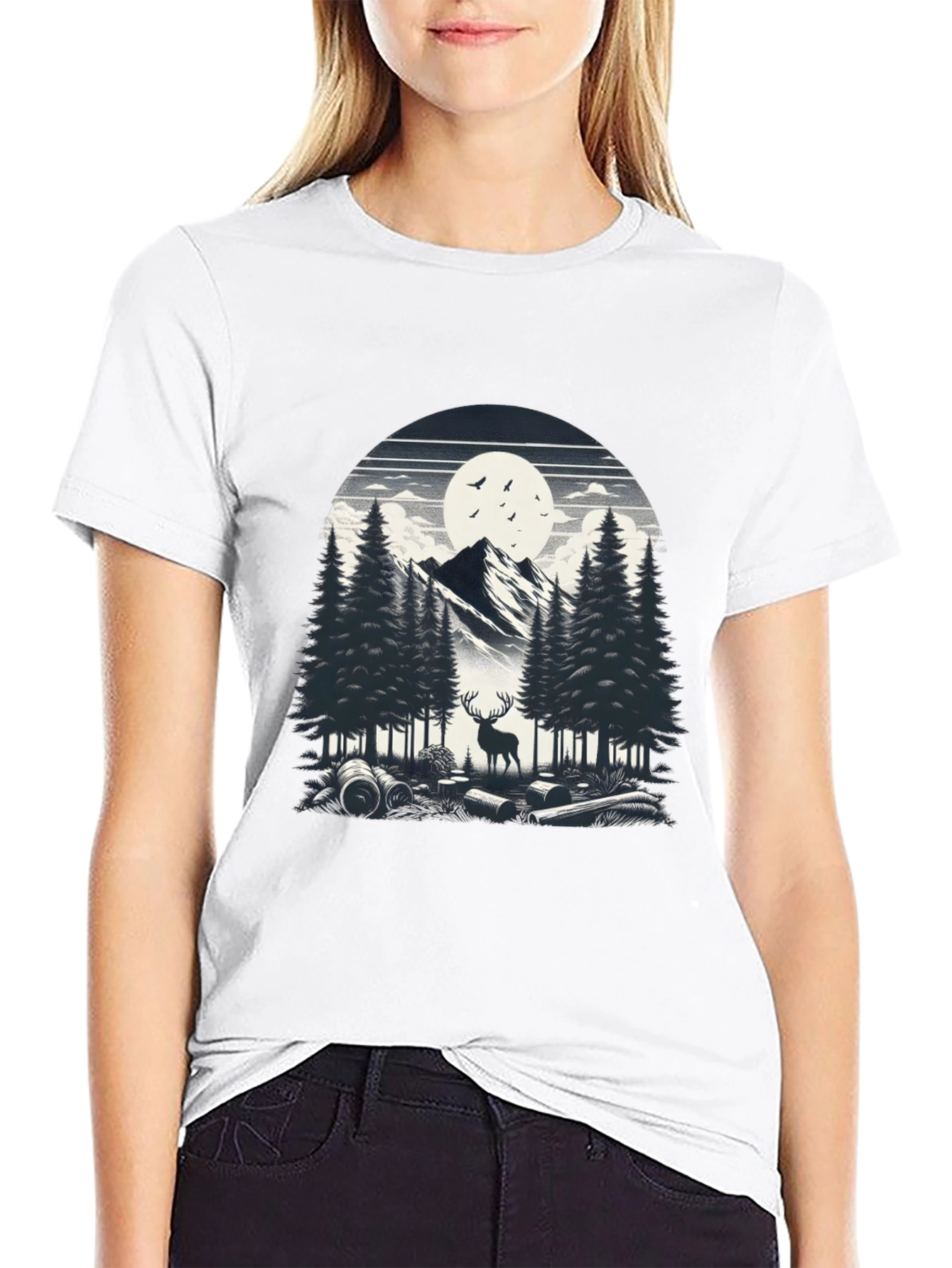 Nature Scene Graphic Tee - Deer & Mountain