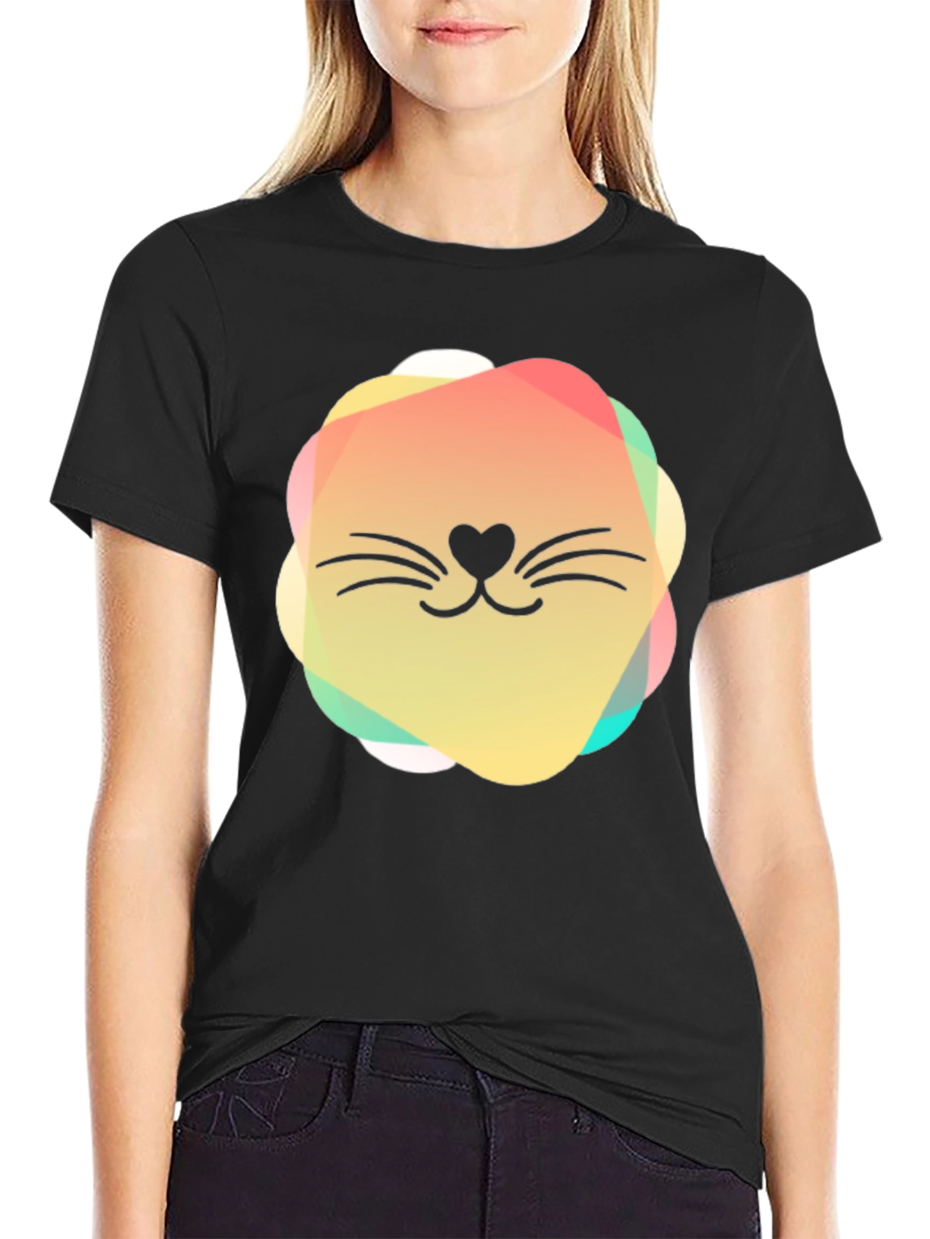 Cute Cat Face Graphic Black T-Shirt