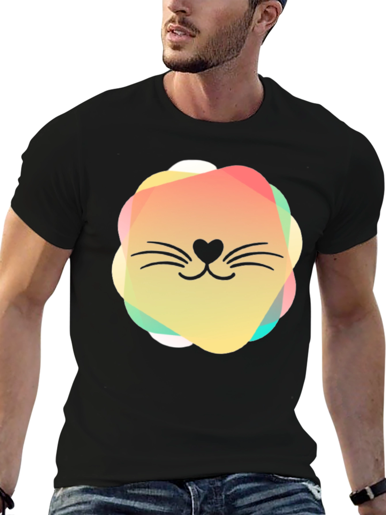 Cute Cat Face Graphic Black T-Shirt