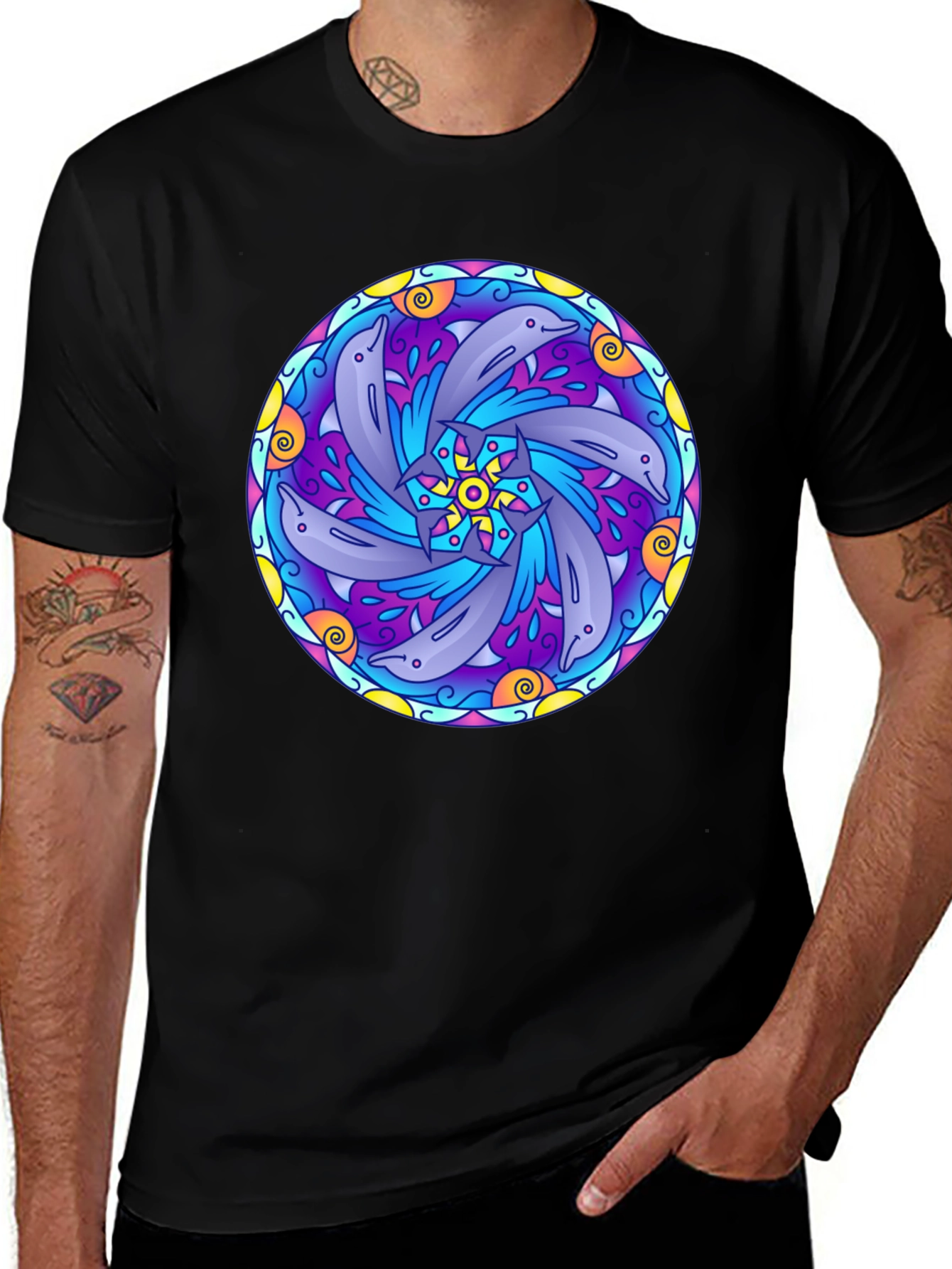 Dolphin Mandala Graphic Tee - Black Cotton T-Shirt