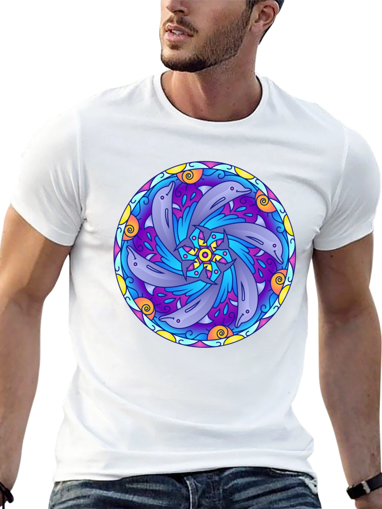 Dolphin Mandala Graphic Tee - Black Cotton T-Shirt