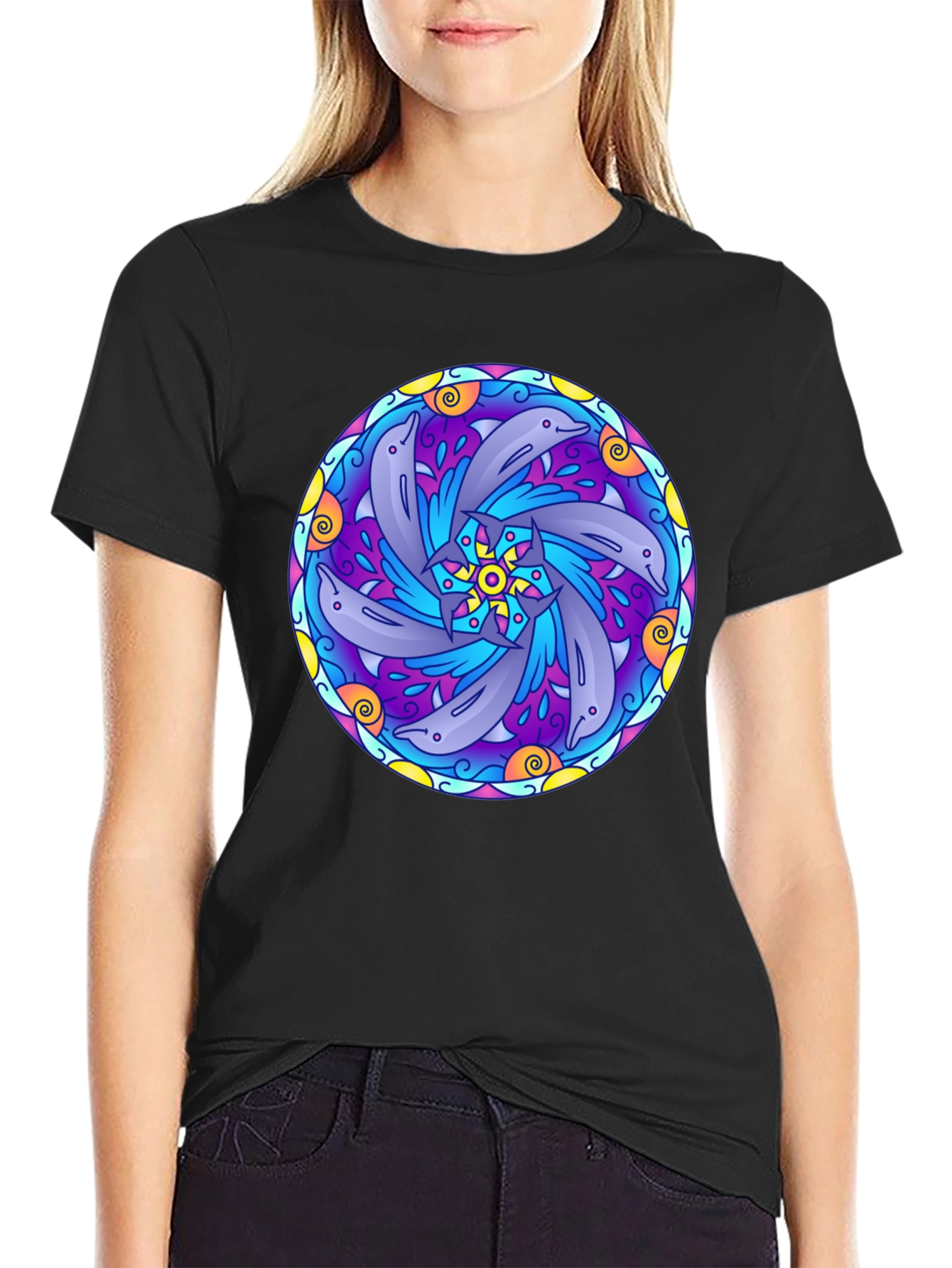 Dolphin Mandala Graphic Tee - Black Cotton T-Shirt