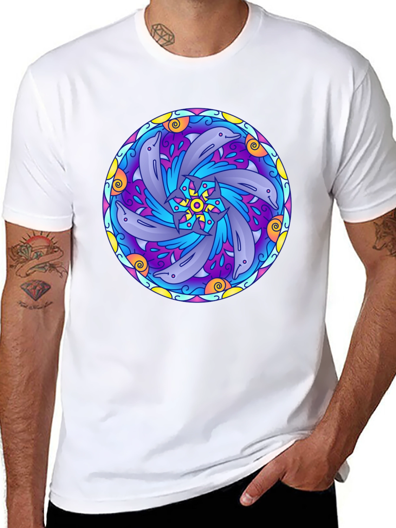 Dolphin Mandala Graphic Tee - Black Cotton T-Shirt