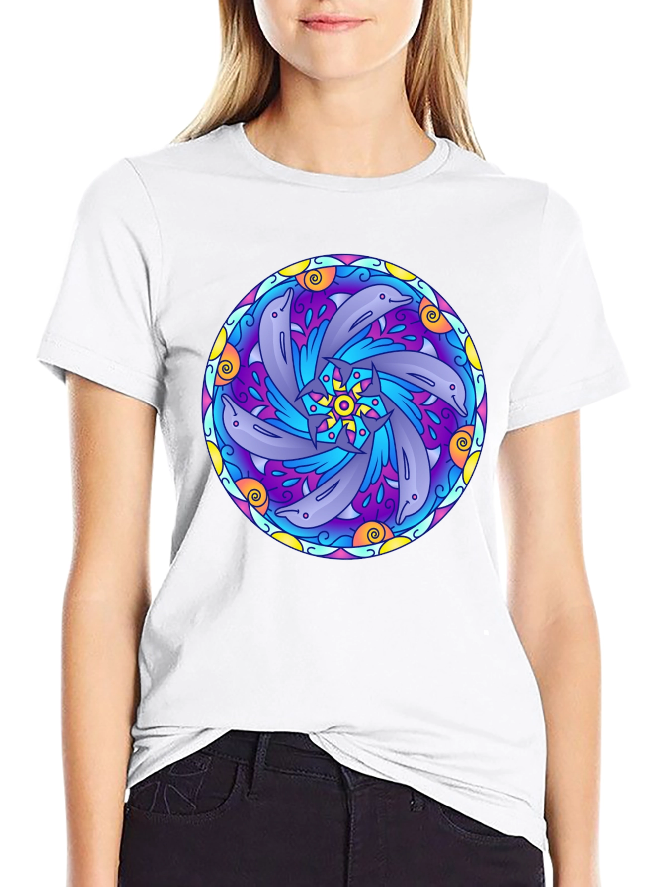 Dolphin Mandala Graphic Tee - Black Cotton T-Shirt