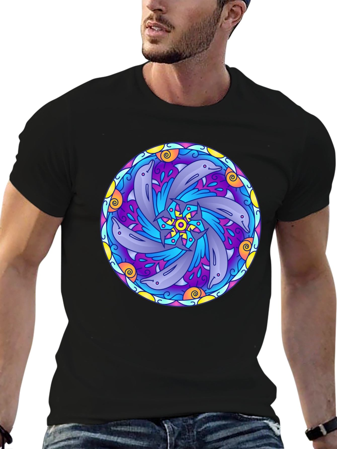 Dolphin Mandala Graphic Tee - Black Cotton T-Shirt