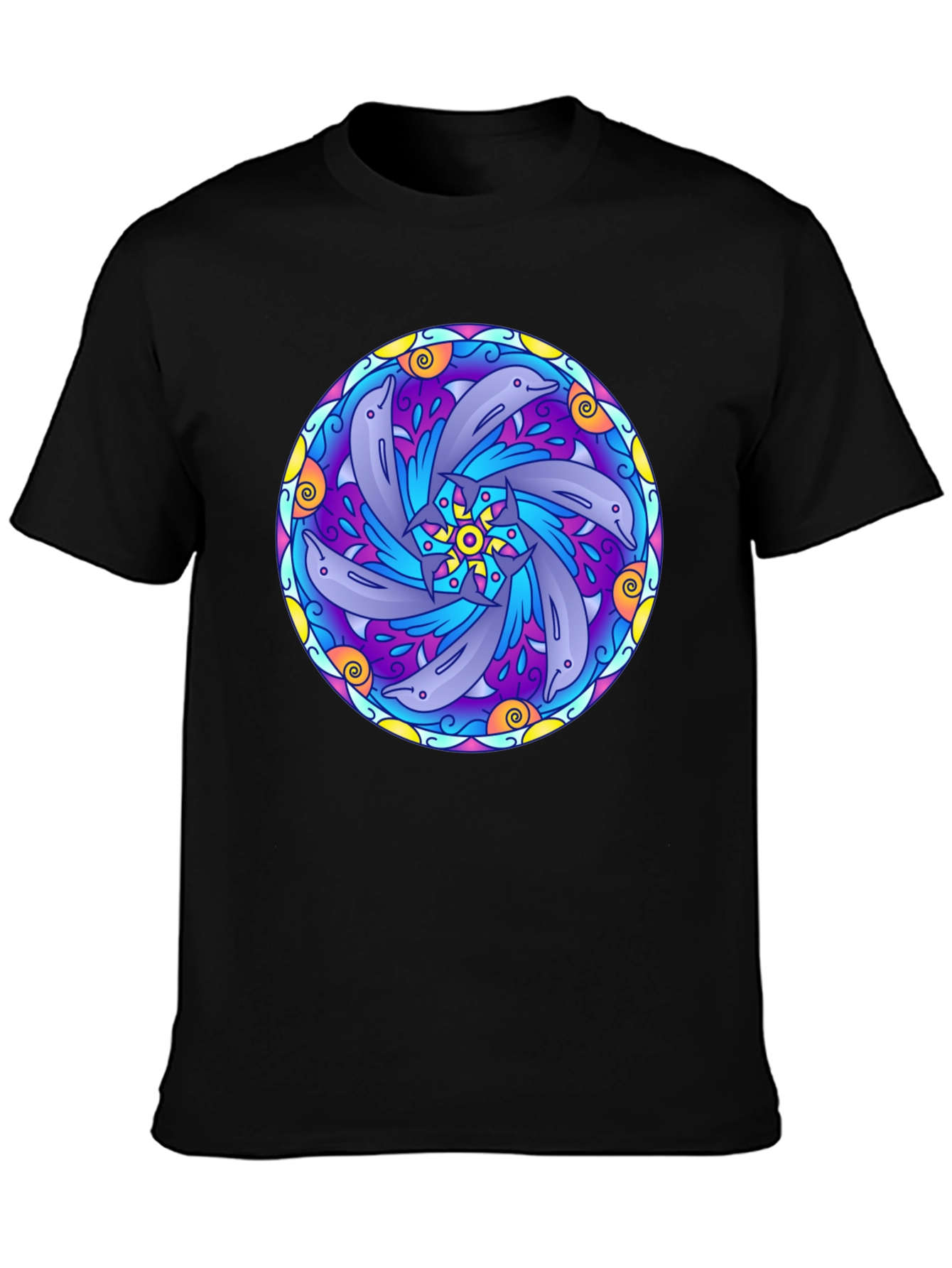 Dolphin Mandala Graphic Tee - Black Cotton T-Shirt