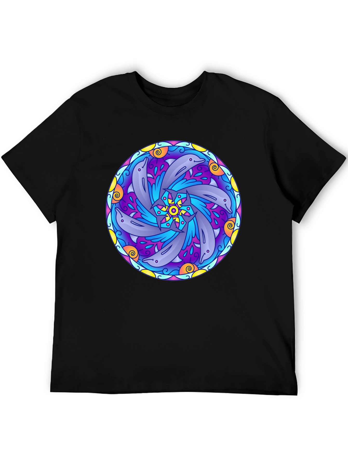 Dolphin Mandala Graphic Tee - Black Cotton T-Shirt