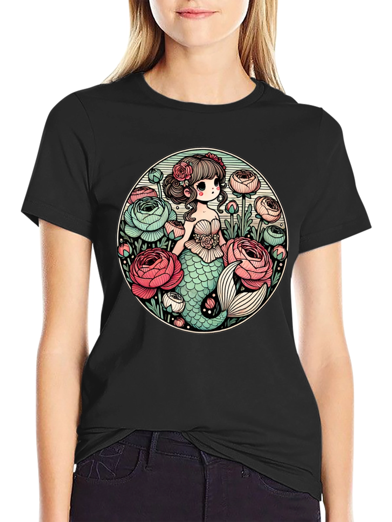 Mermaid & Flowers Graphic Tee - Black