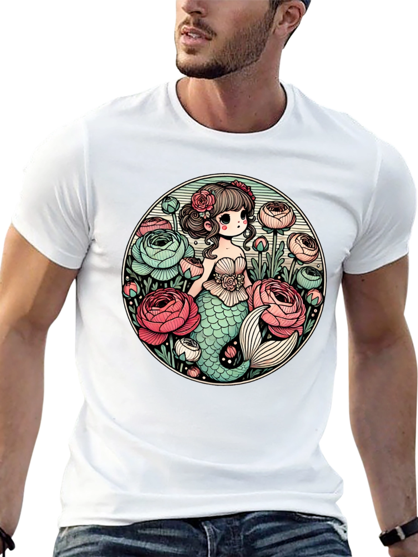 Mermaid & Flowers Graphic Tee - Black