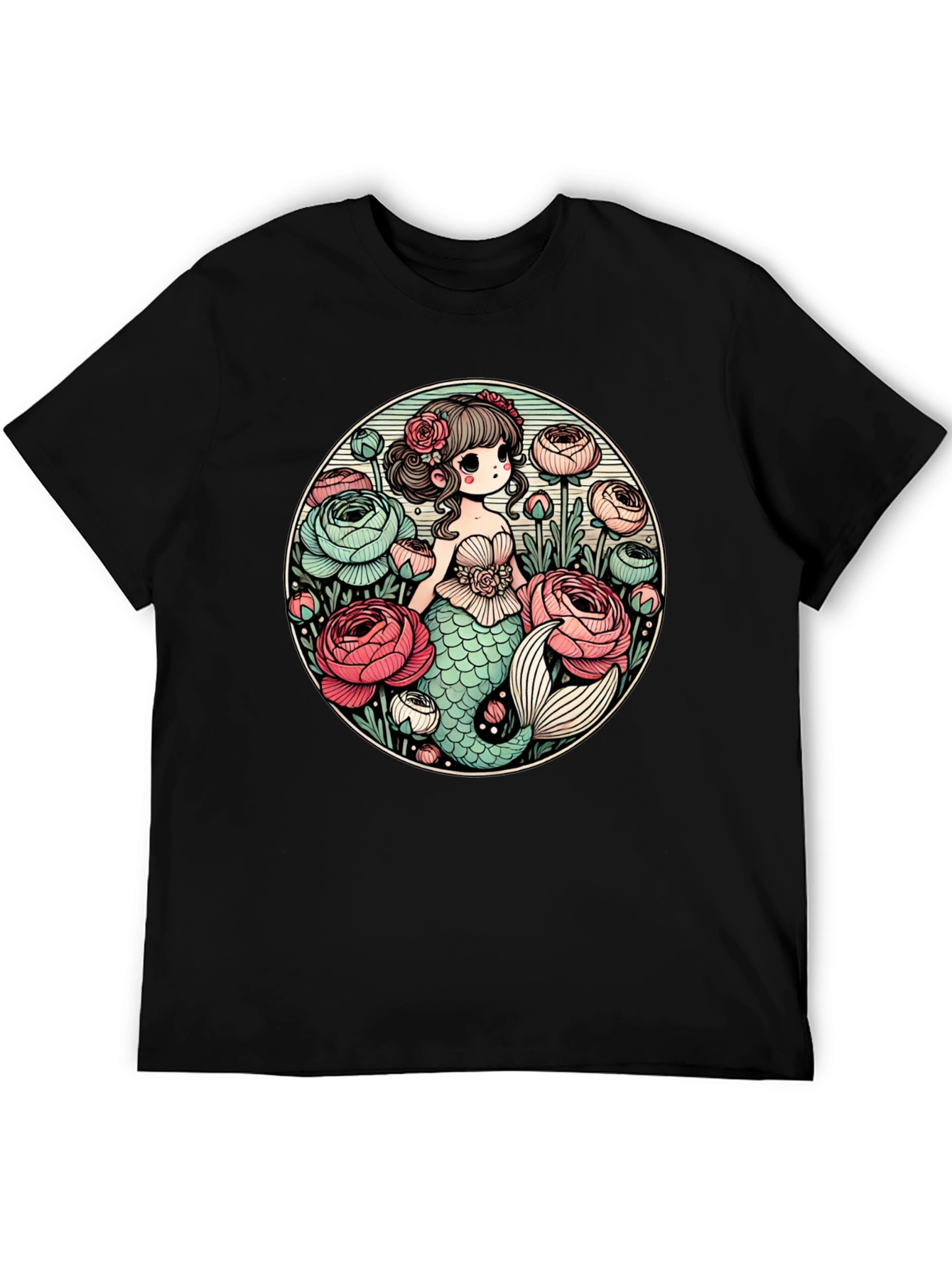 Mermaid & Flowers Graphic Tee - Black