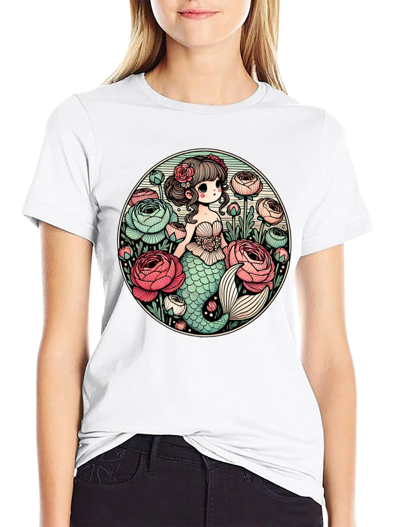 Mermaid & Flowers Graphic Tee - Black
