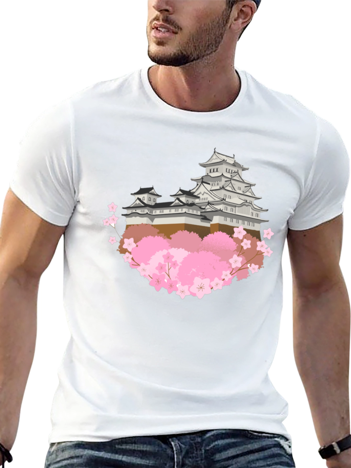 Japanese Castle & Cherry Blossom Graphic T-Shirt