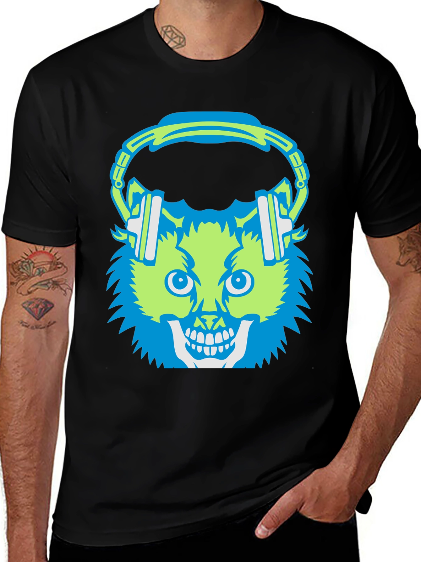 Skull Cat with Headphones T-Shirt