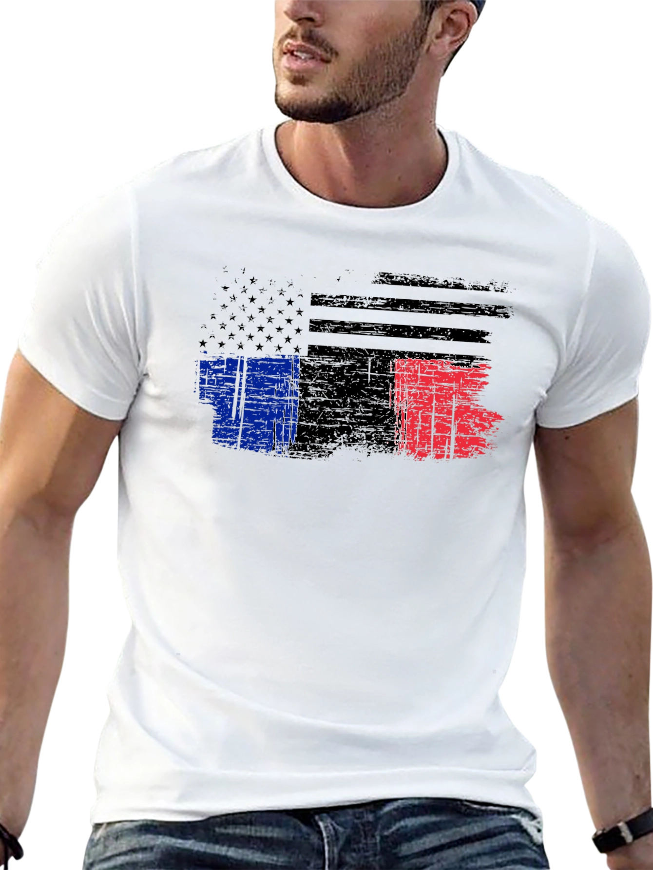 Distressed American France Flag Graphic T-Shirt