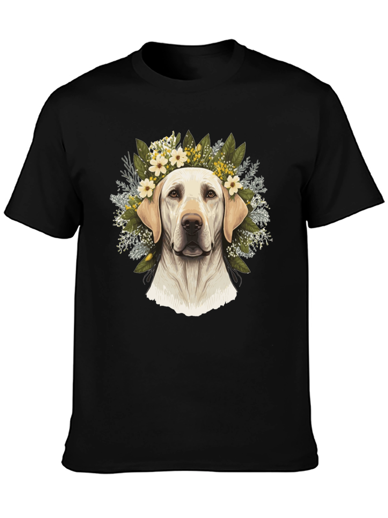 Dog With Floral Wreath Black T-Shirt