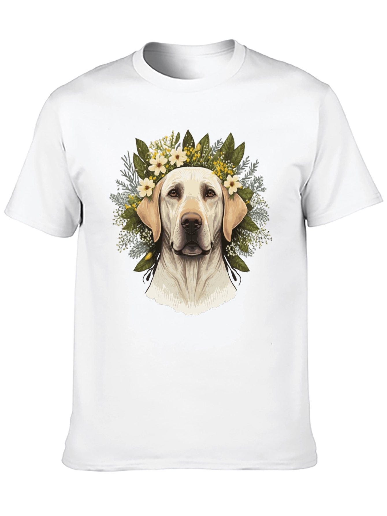 Dog With Floral Wreath Black T-Shirt