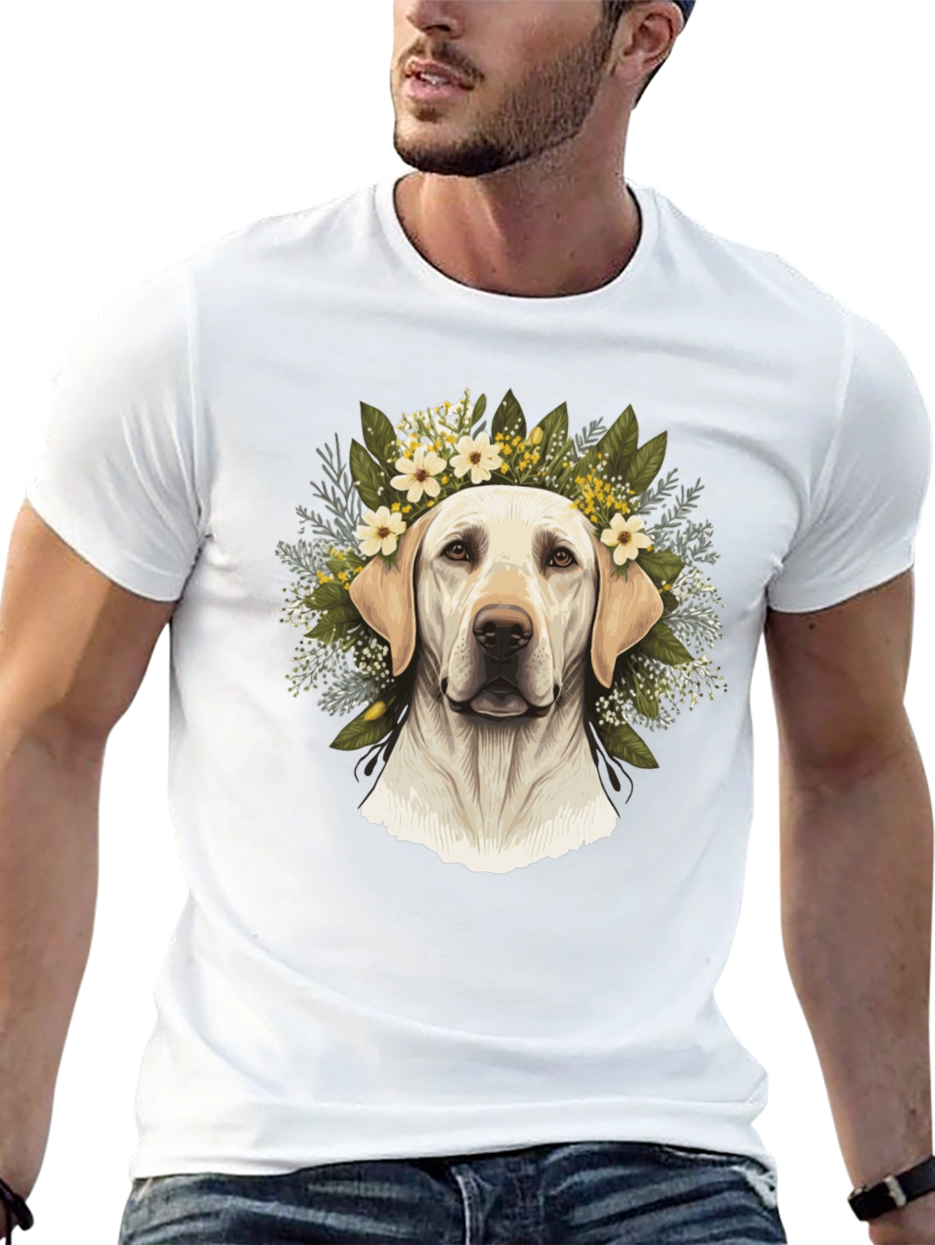 Dog With Floral Wreath Black T-Shirt