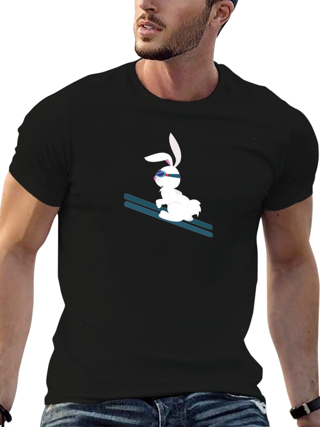Skiing Bunny Black T-Shirt