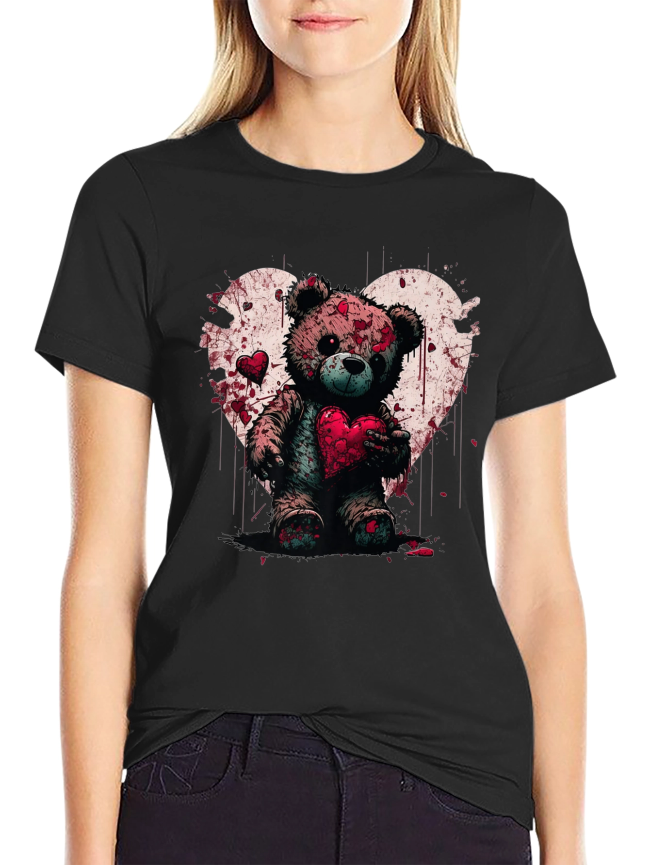 Bloody Valentines Teddy Bear Heart Graphic T-Shirt