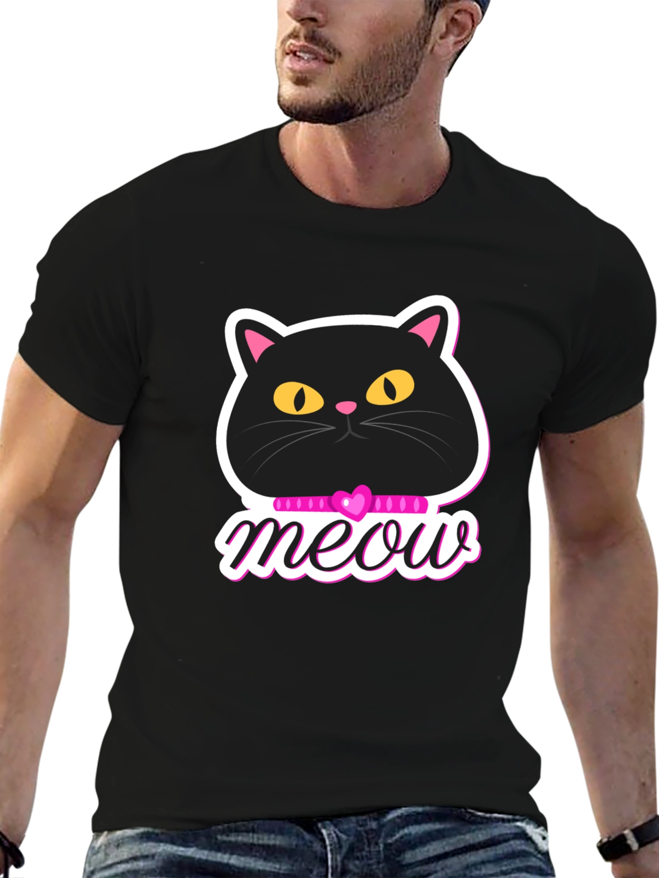 Black Cat Meow Graphic T-Shirt