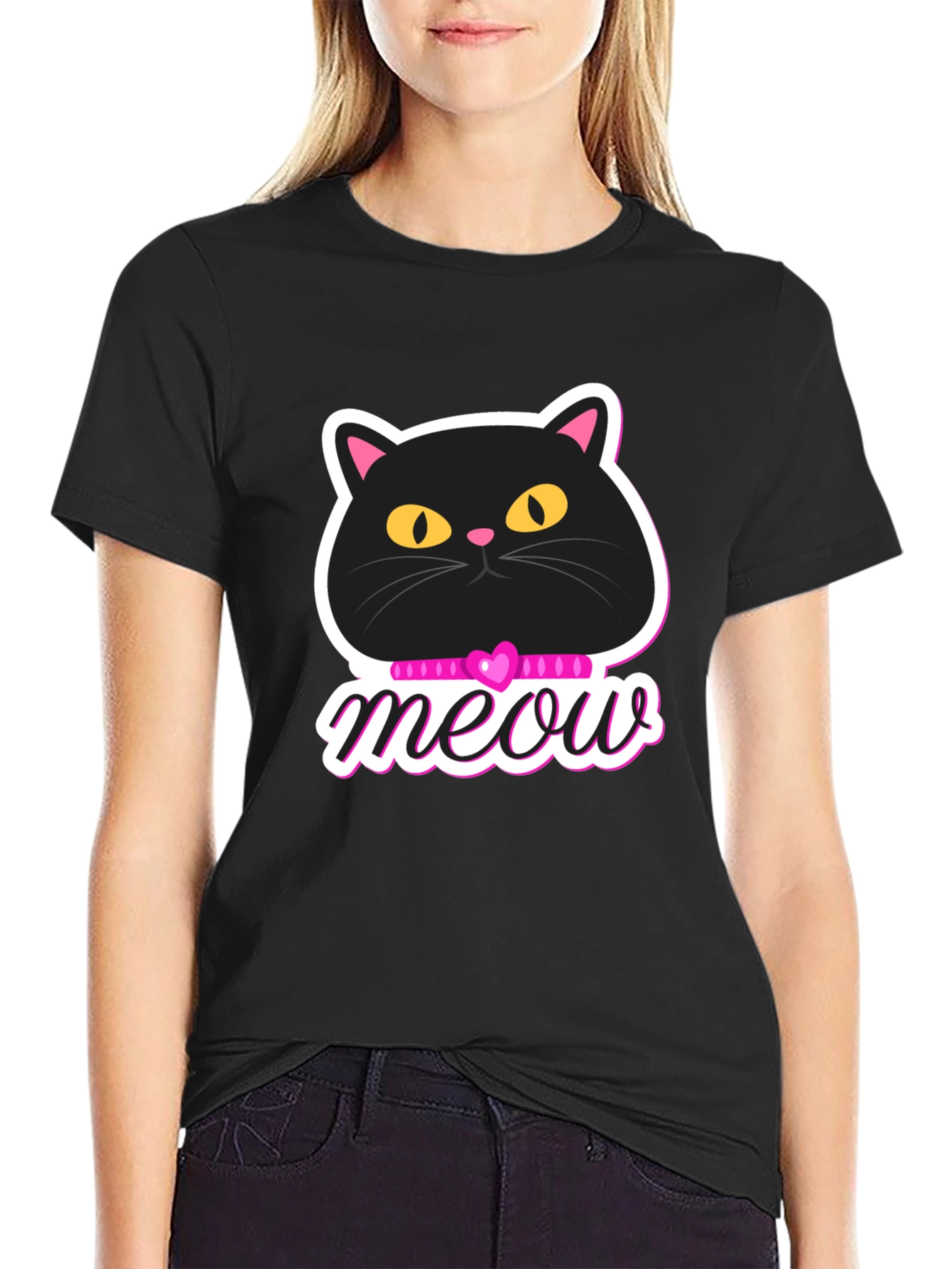 Black Cat Meow Graphic T-Shirt