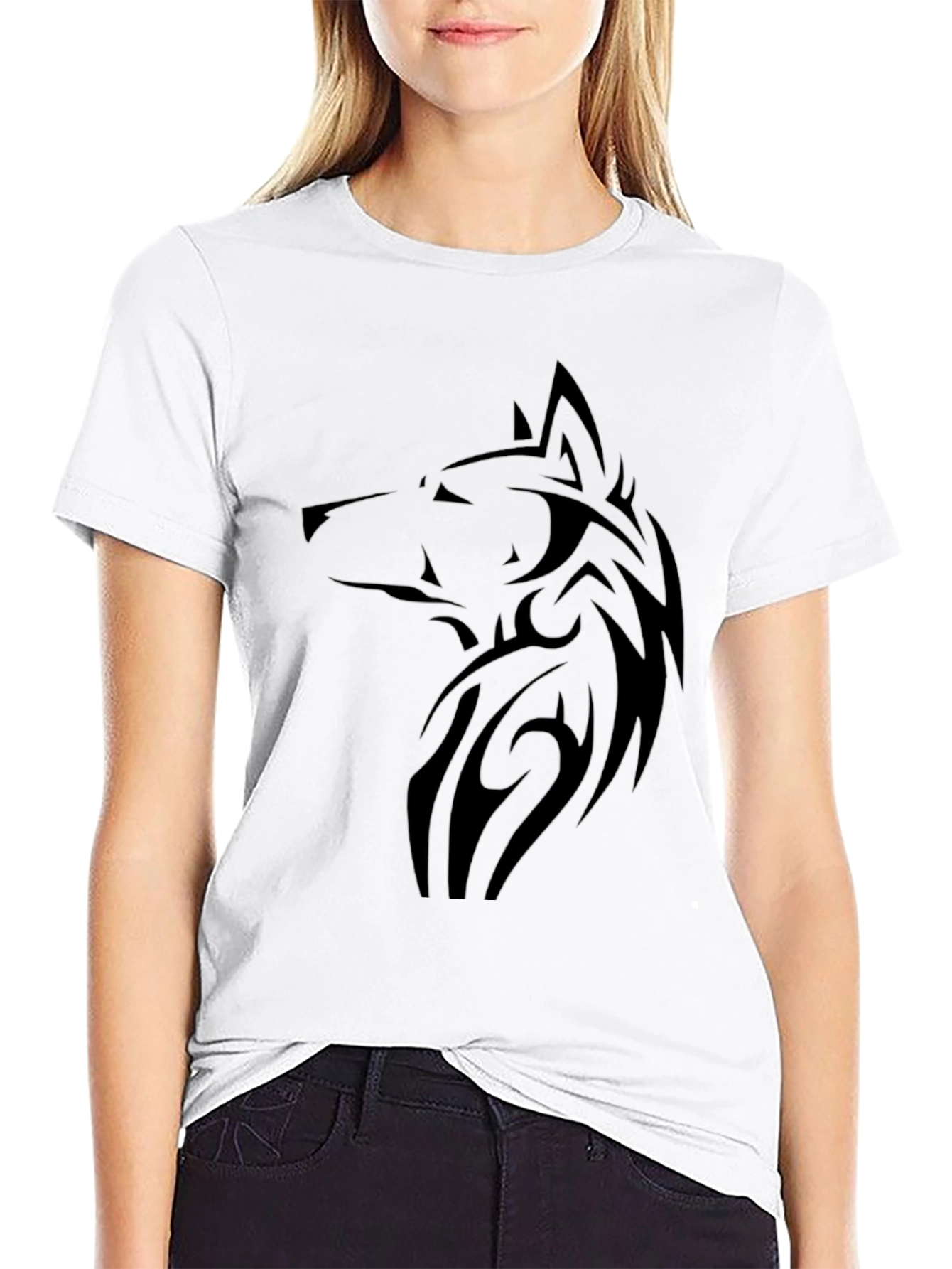 Mens Black Wolf Graphic Tee - Tribal Design