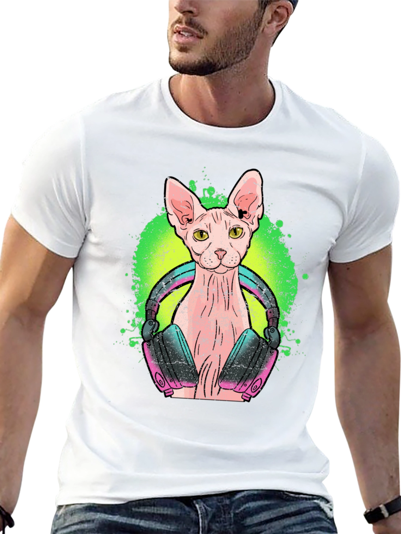 DJ Sphynx Cat Graphic Tee - Black Cotton T-Shirt