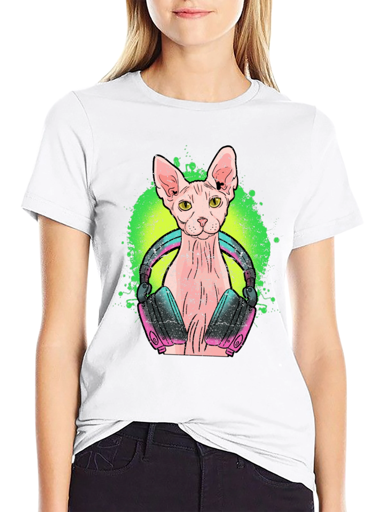 DJ Sphynx Cat Graphic Tee - Black Cotton T-Shirt