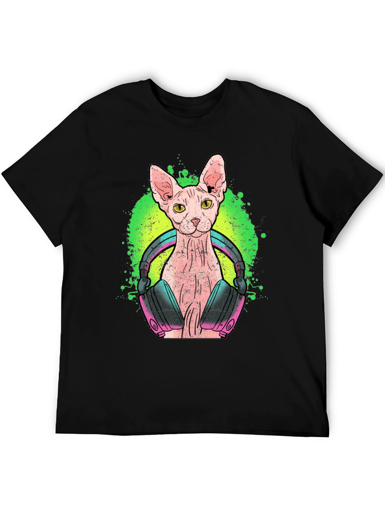 DJ Sphynx Cat Graphic Tee - Black Cotton T-Shirt