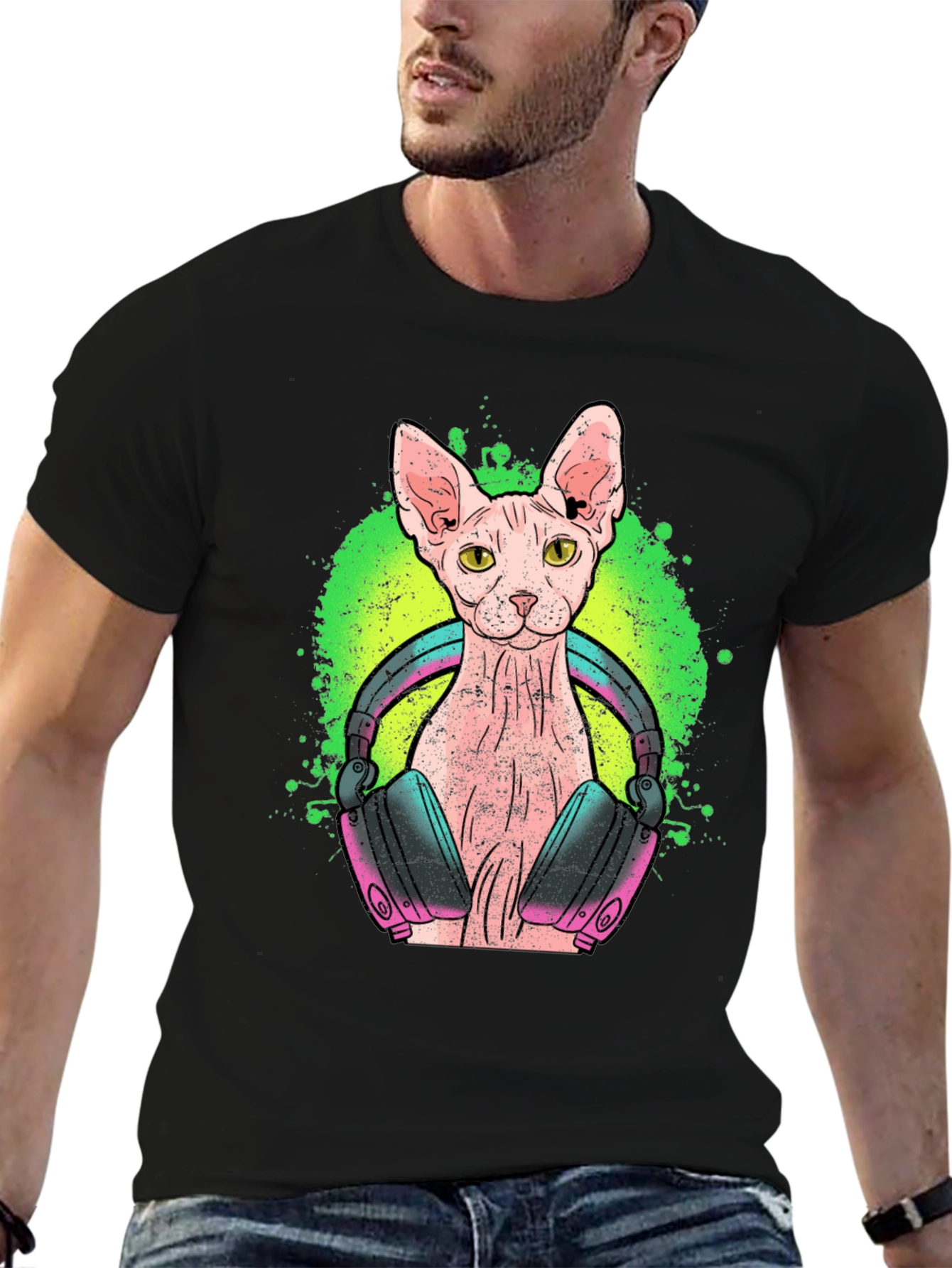DJ Sphynx Cat Graphic Tee - Black Cotton T-Shirt