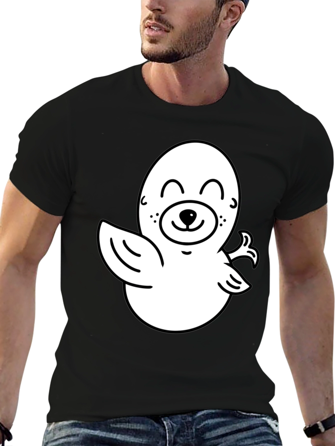 Cute Cartoon Seal Graphic T-Shirt - Black