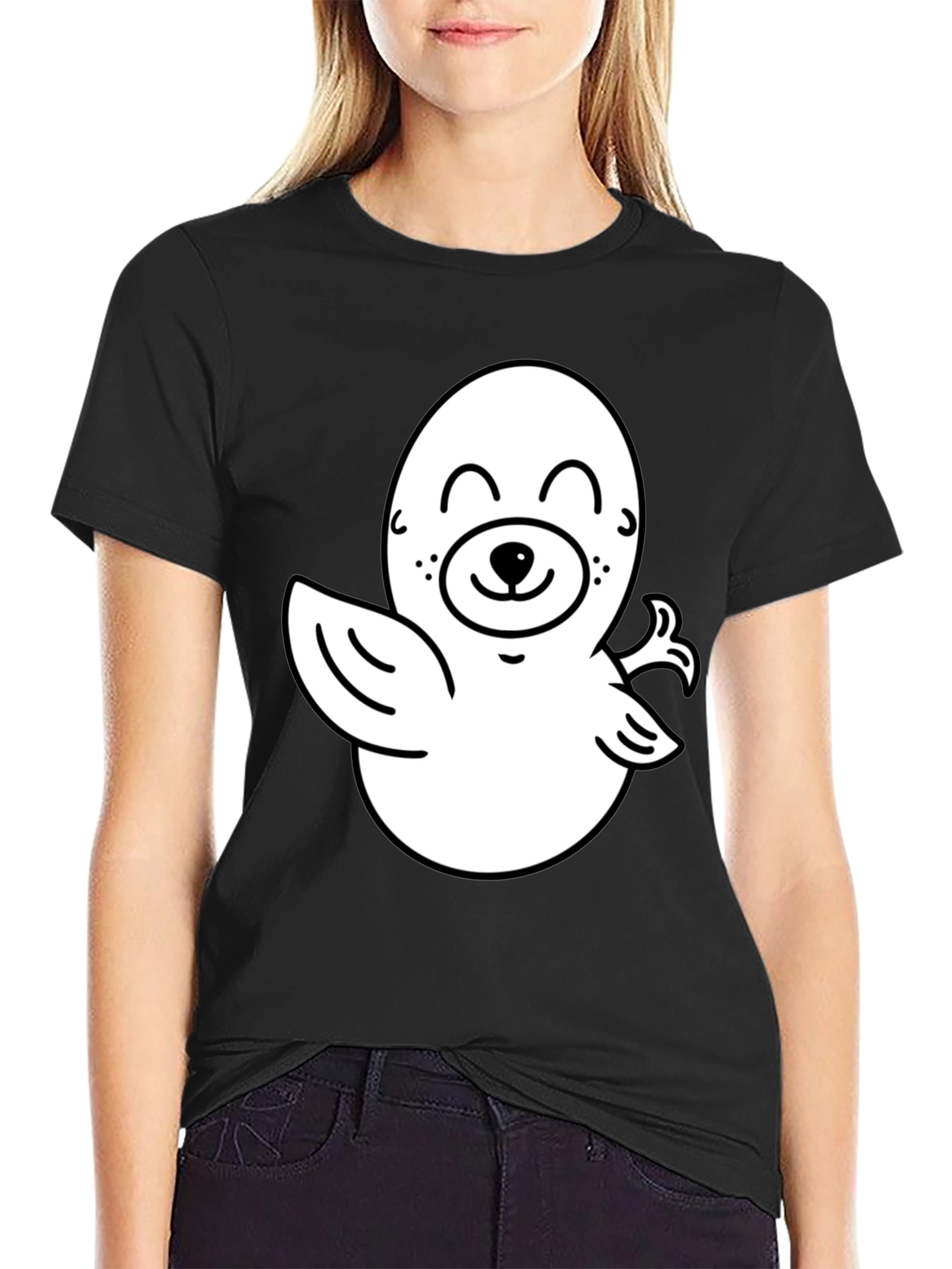 Cute Cartoon Seal Graphic T-Shirt - Black