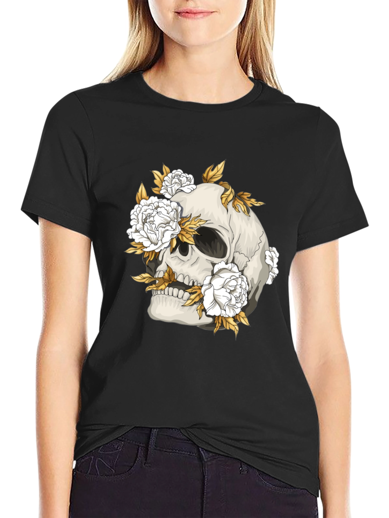Skull & Floral Graphic Print Black T-Shirt