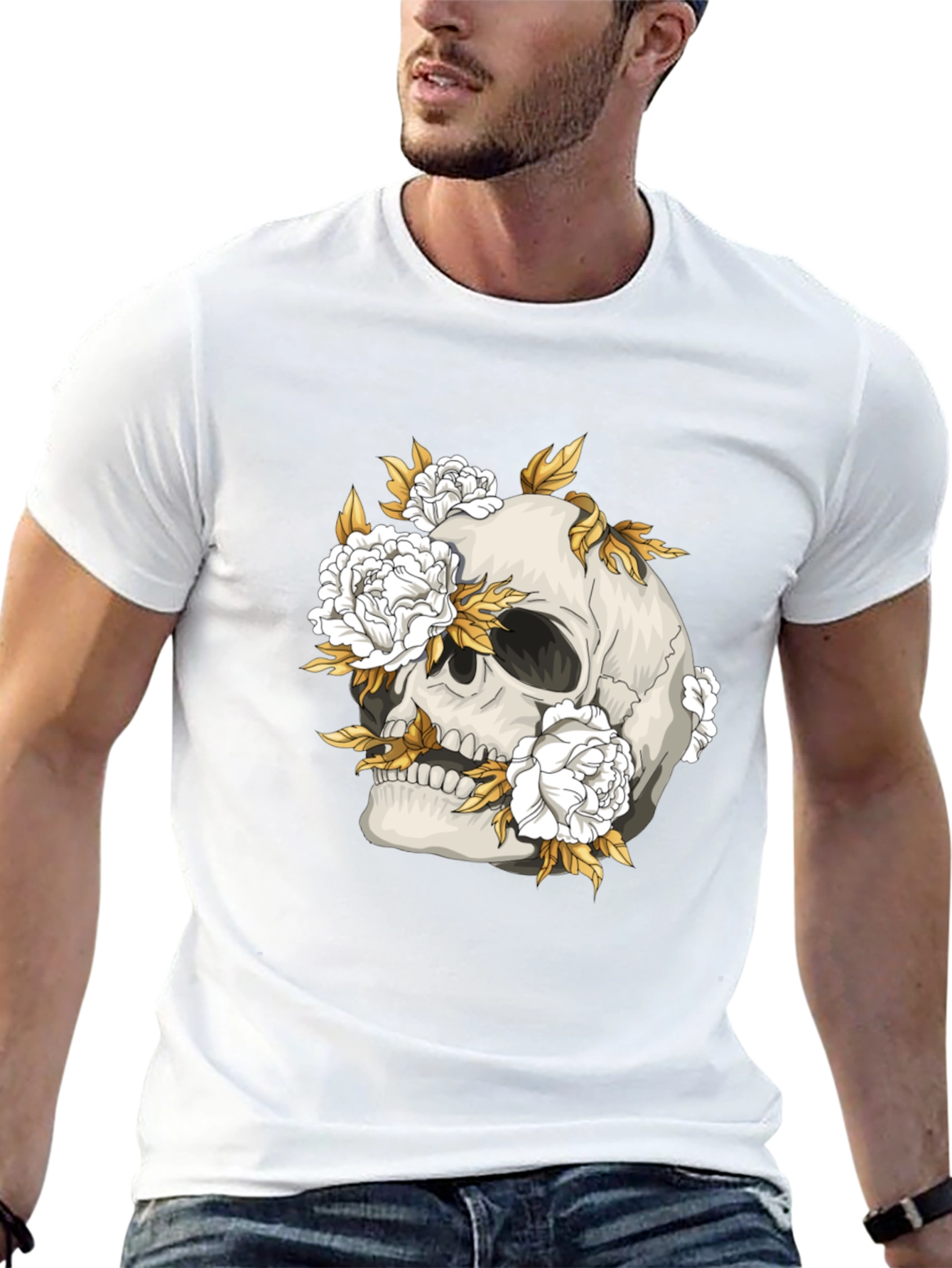 Skull & Floral Graphic Print Black T-Shirt