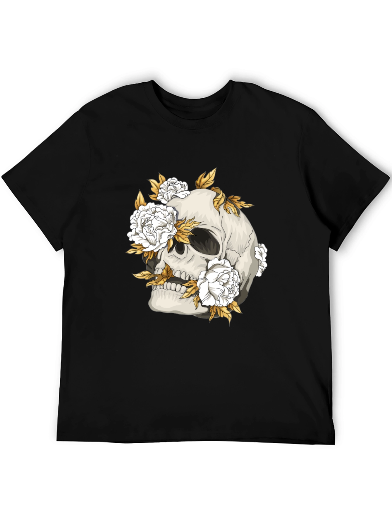 Skull & Floral Graphic Print Black T-Shirt