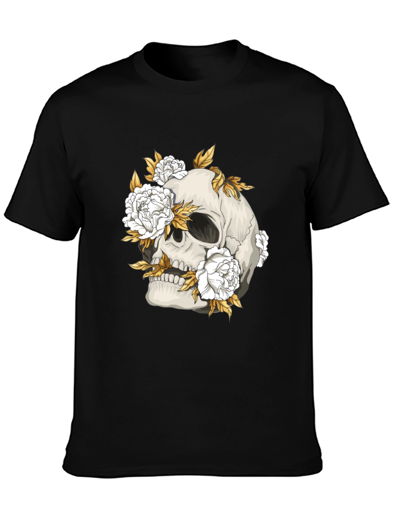 Skull & Floral Graphic Print Black T-Shirt