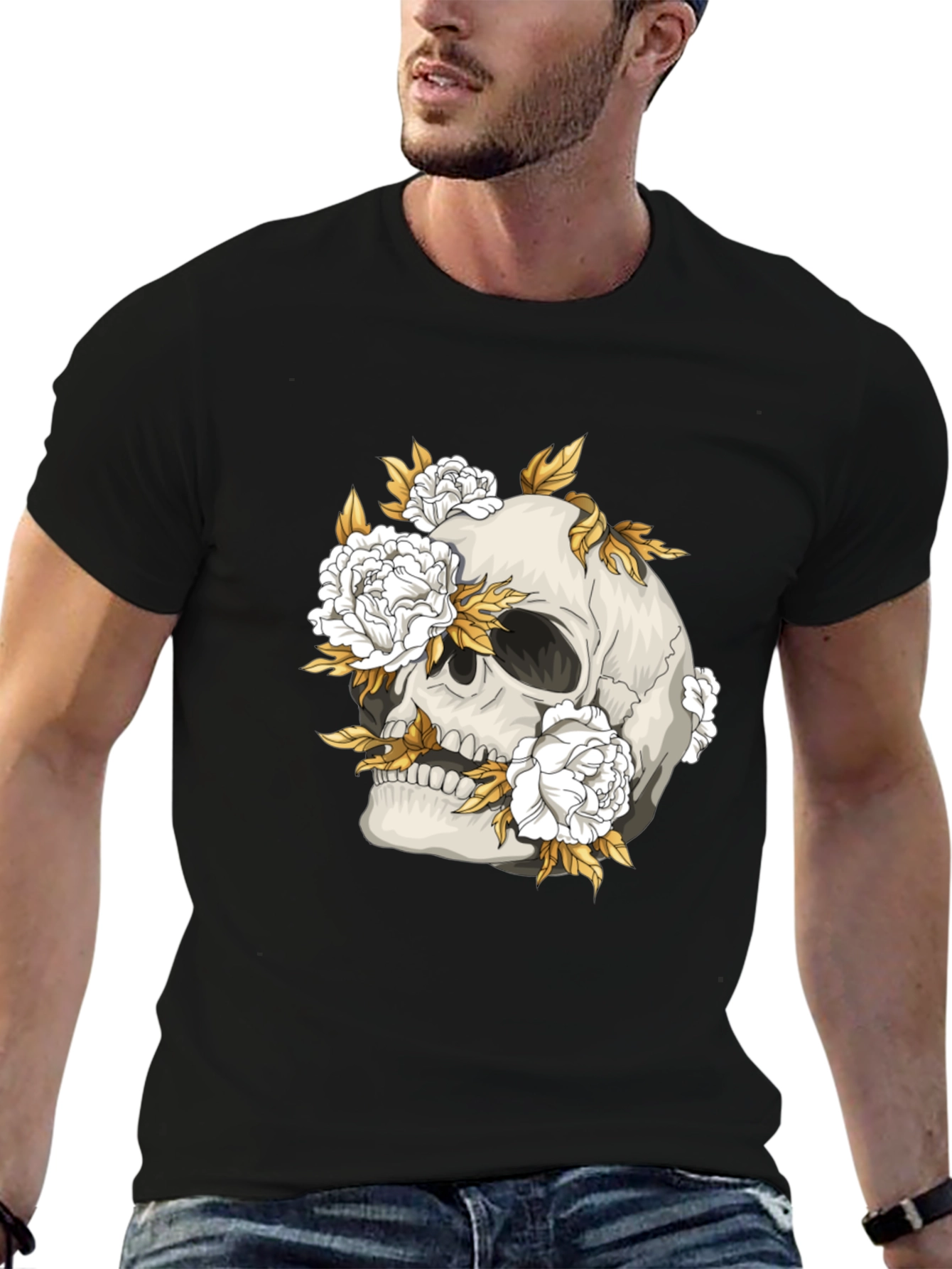 Skull & Floral Graphic Print Black T-Shirt