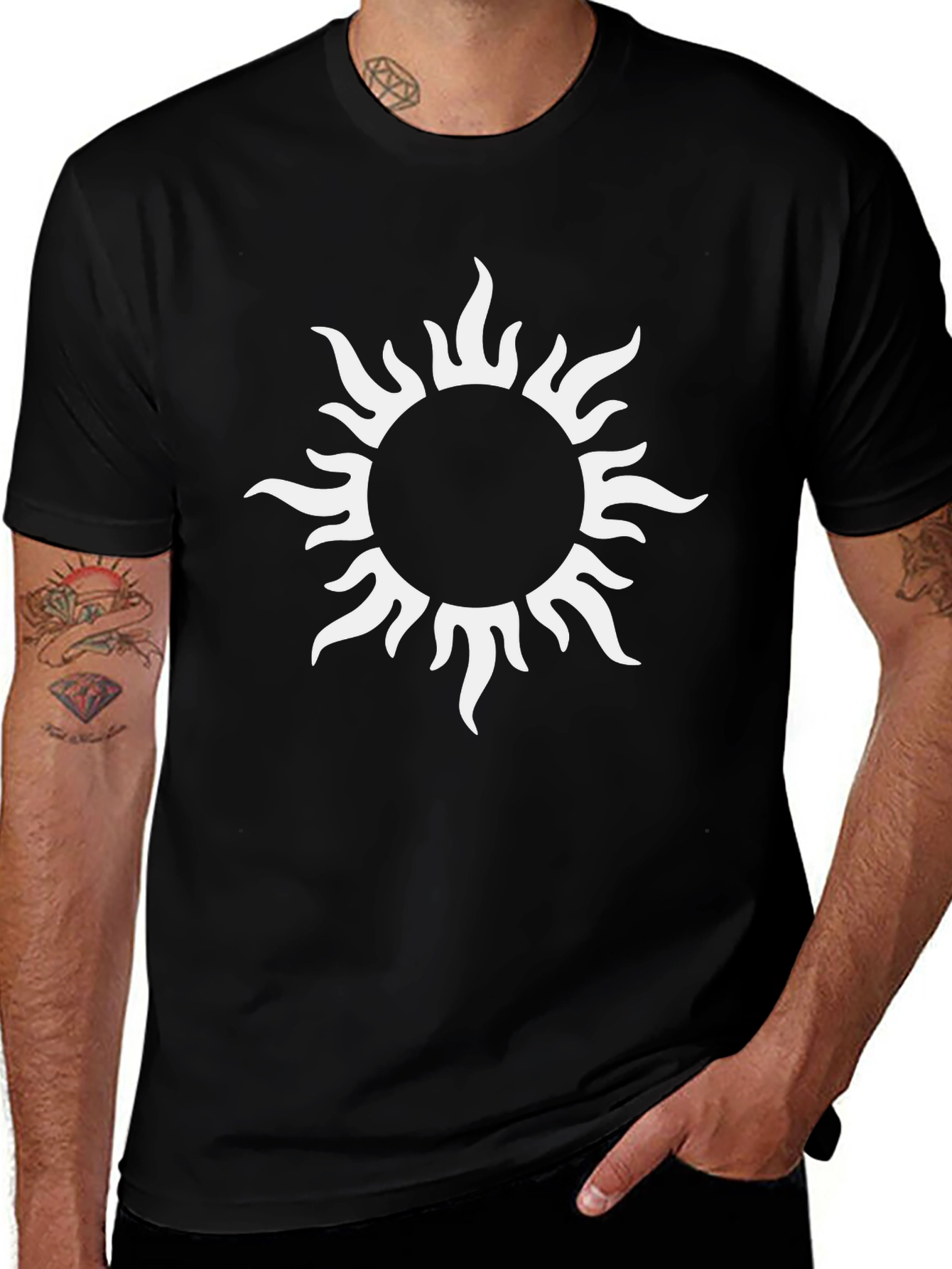 Mens Black T-Shirt with White Sun Graphic