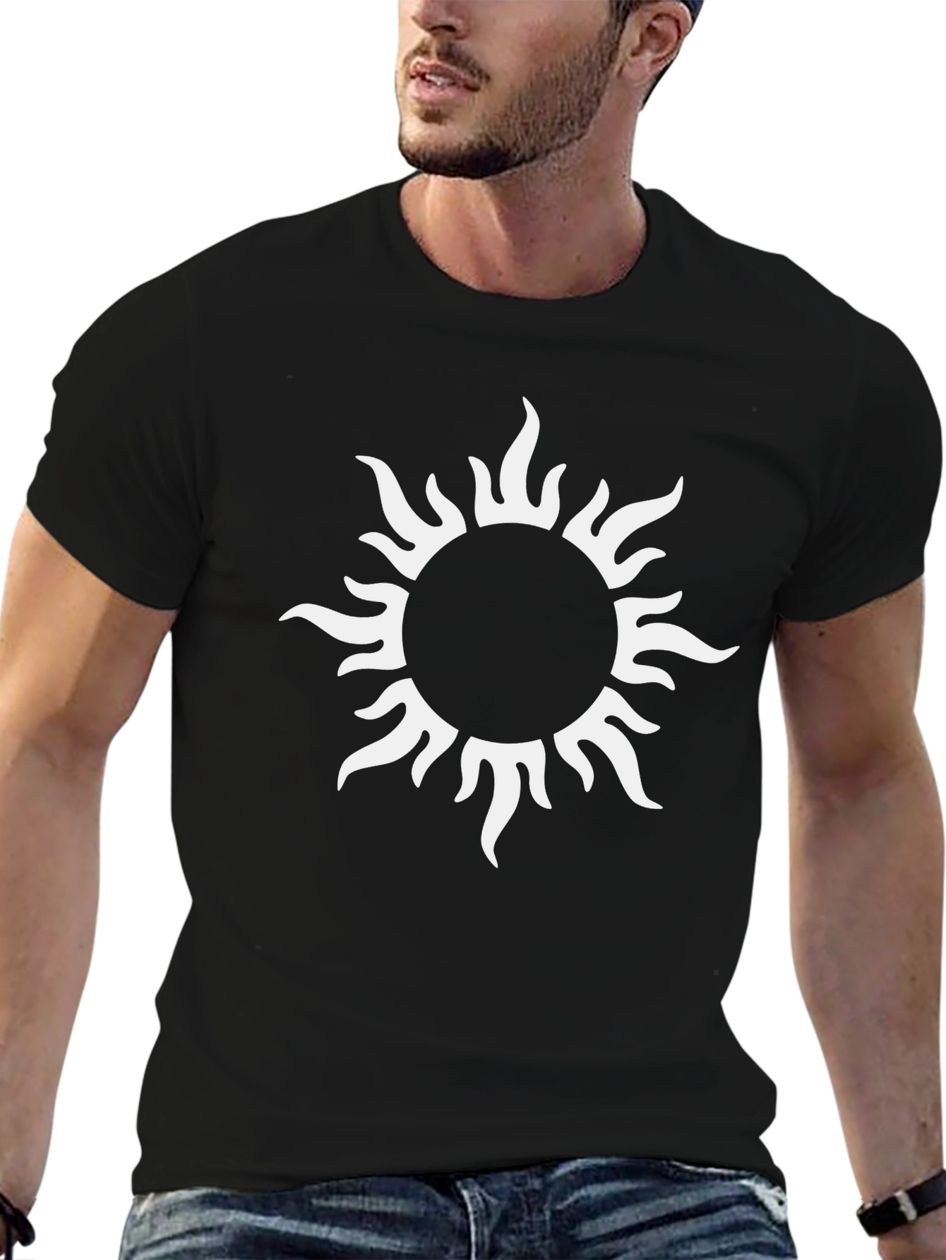 Mens Black T-Shirt with White Sun Graphic