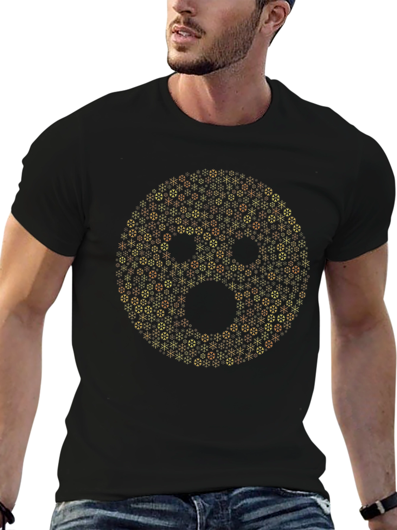 Geometric Smiley Face Graphic Tee - Black Cotton T-Shirt