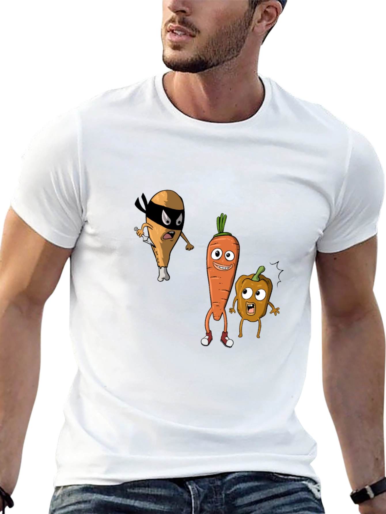 Funny Cartoon Veggie & Chicken Graphic T-Shirt