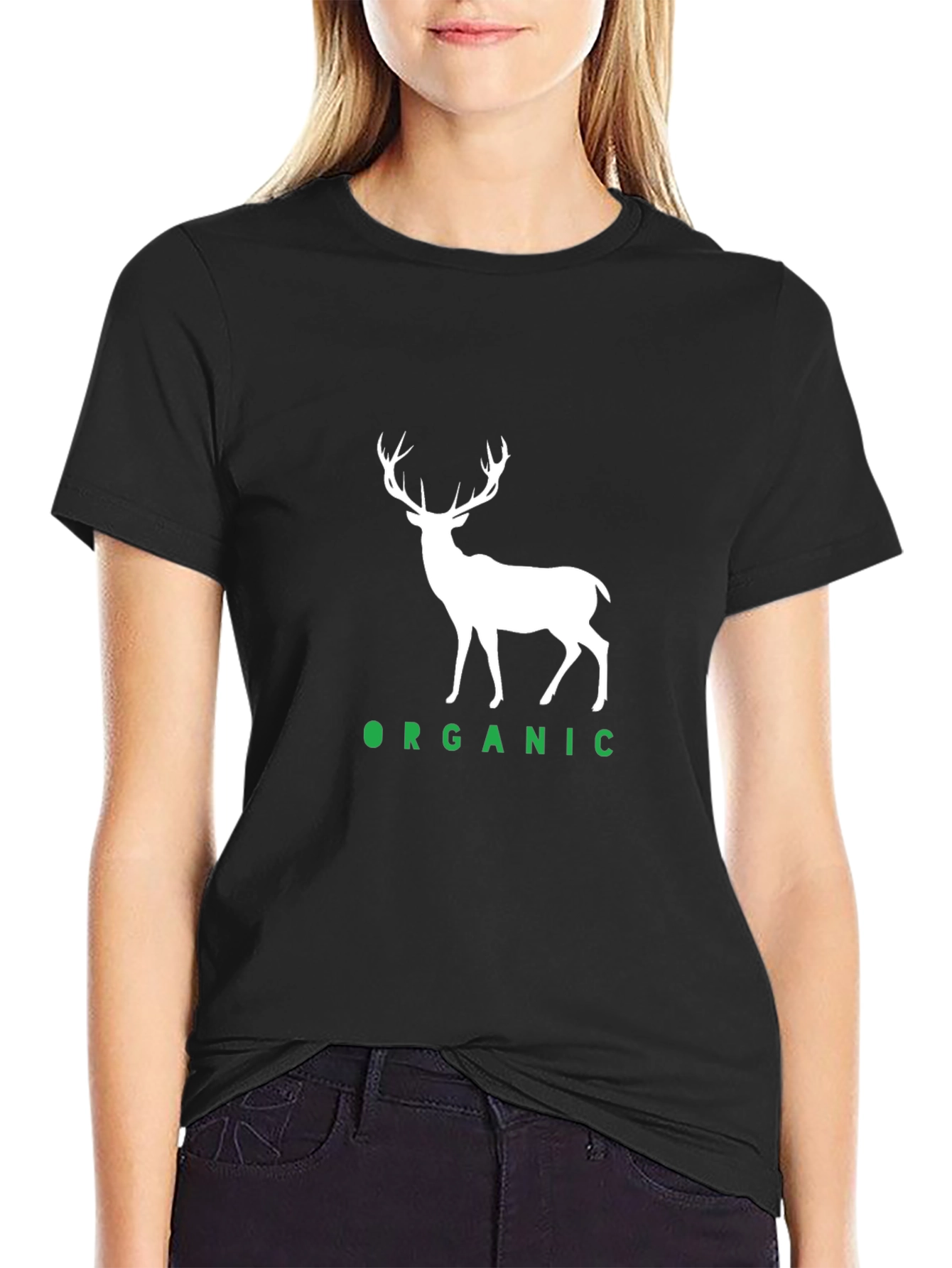 Organic Deer Graphic Tee - Black Cotton T-Shirt
