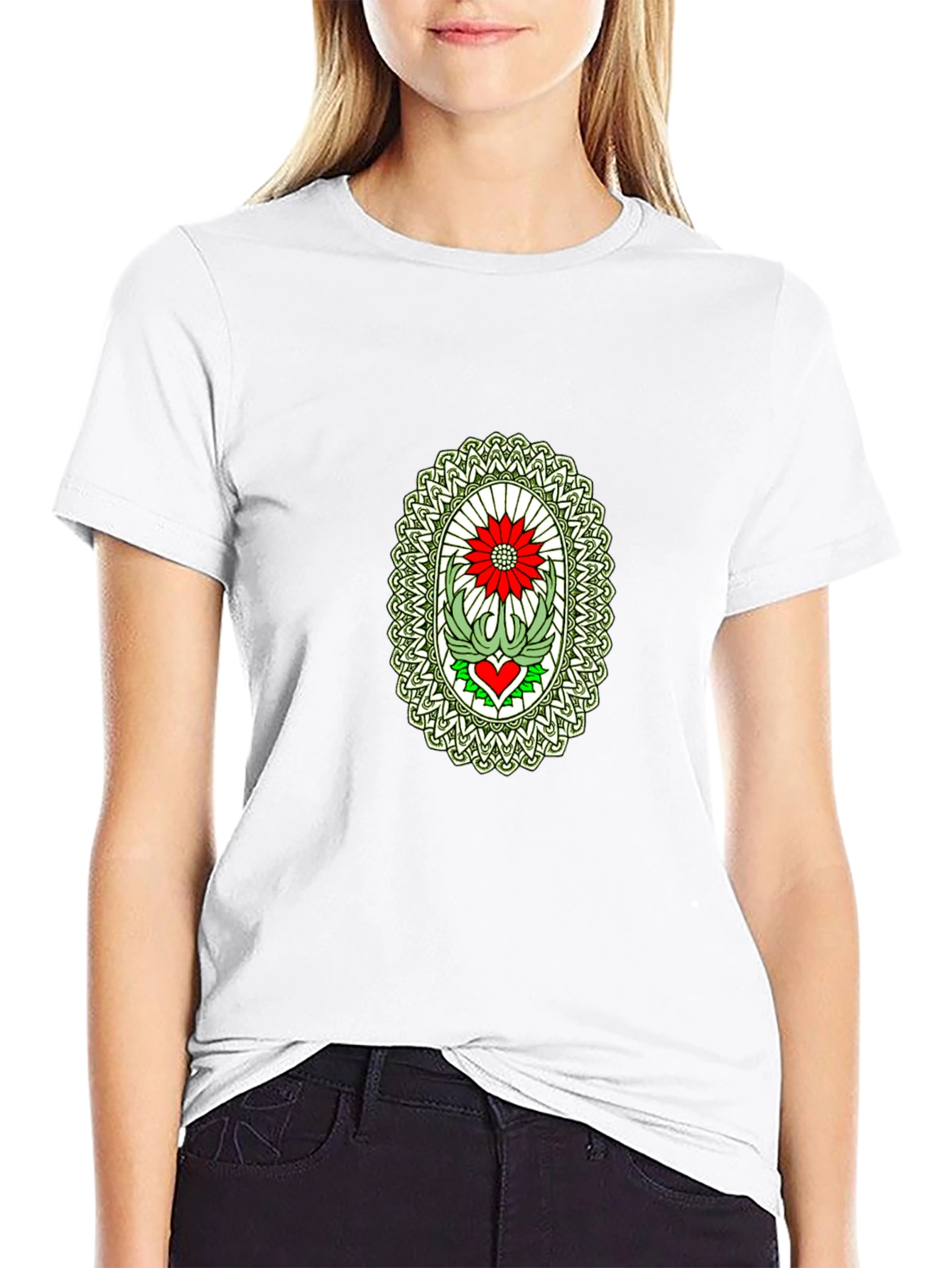 Black T-Shirt with Flower Heart Graphic