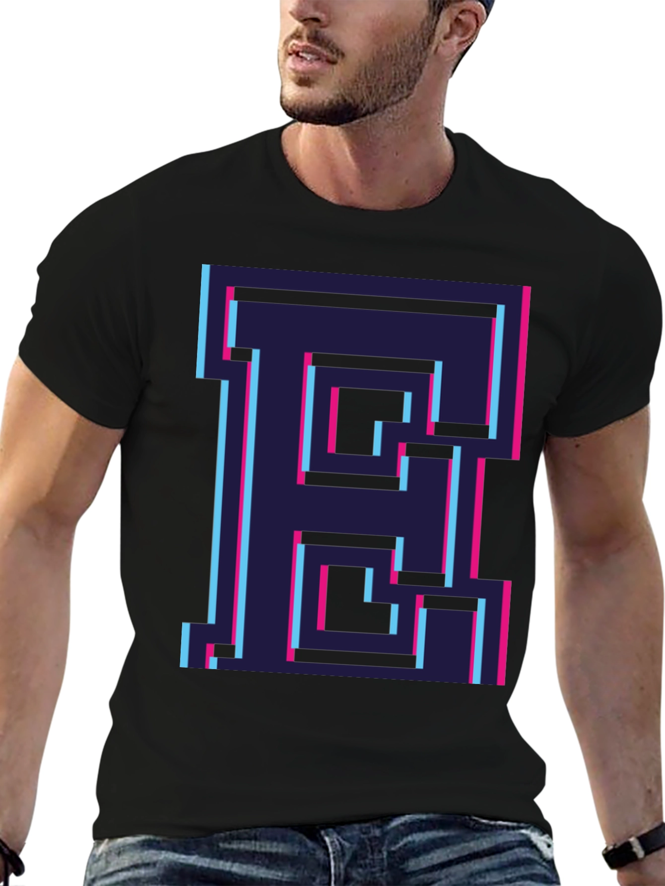 Retro Pixel Letter E Graphic Tee - Black