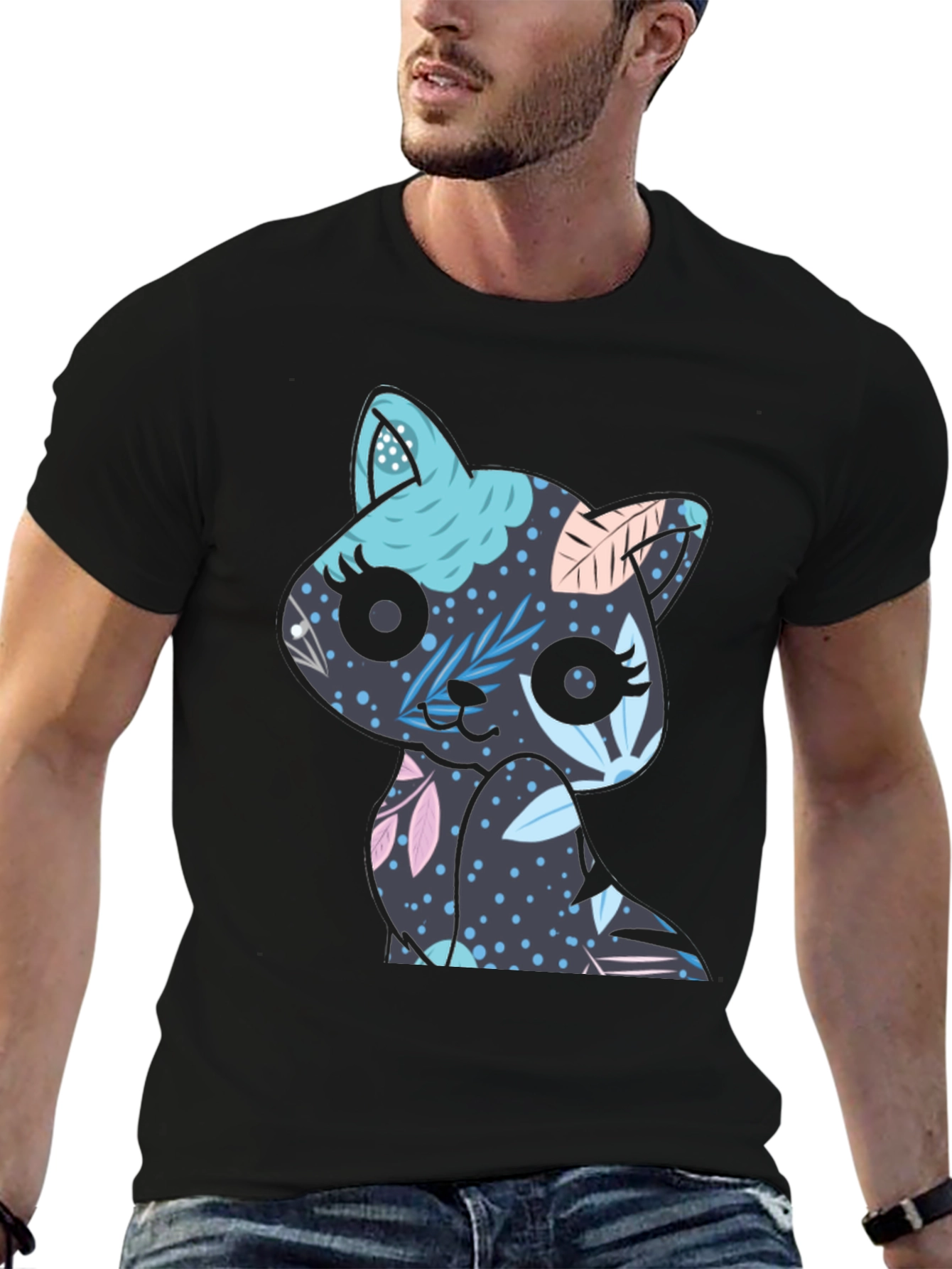 Floral Cat T-Shirt - Black Cute Kitty Tee