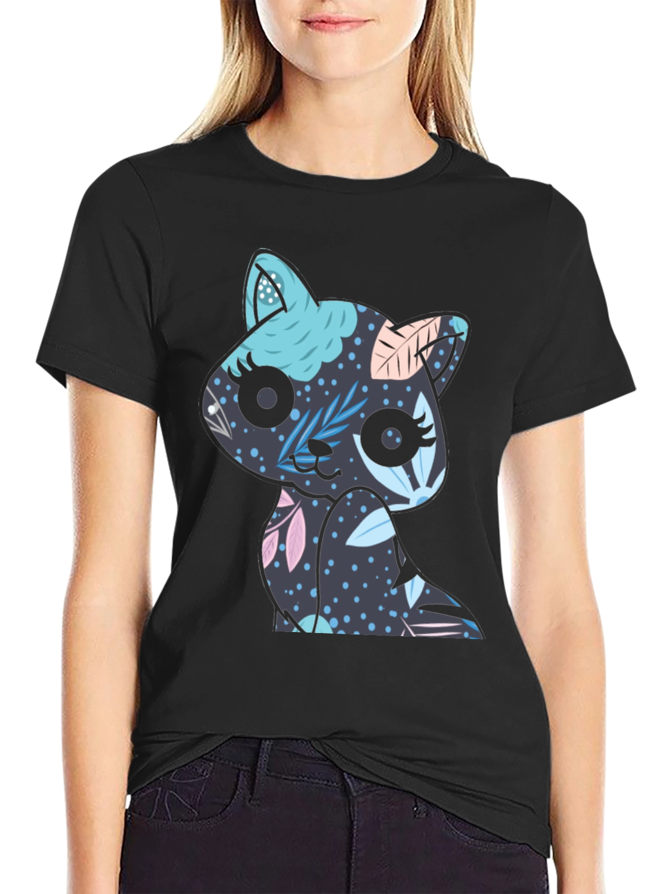 Floral Cat T-Shirt - Black Cute Kitty Tee