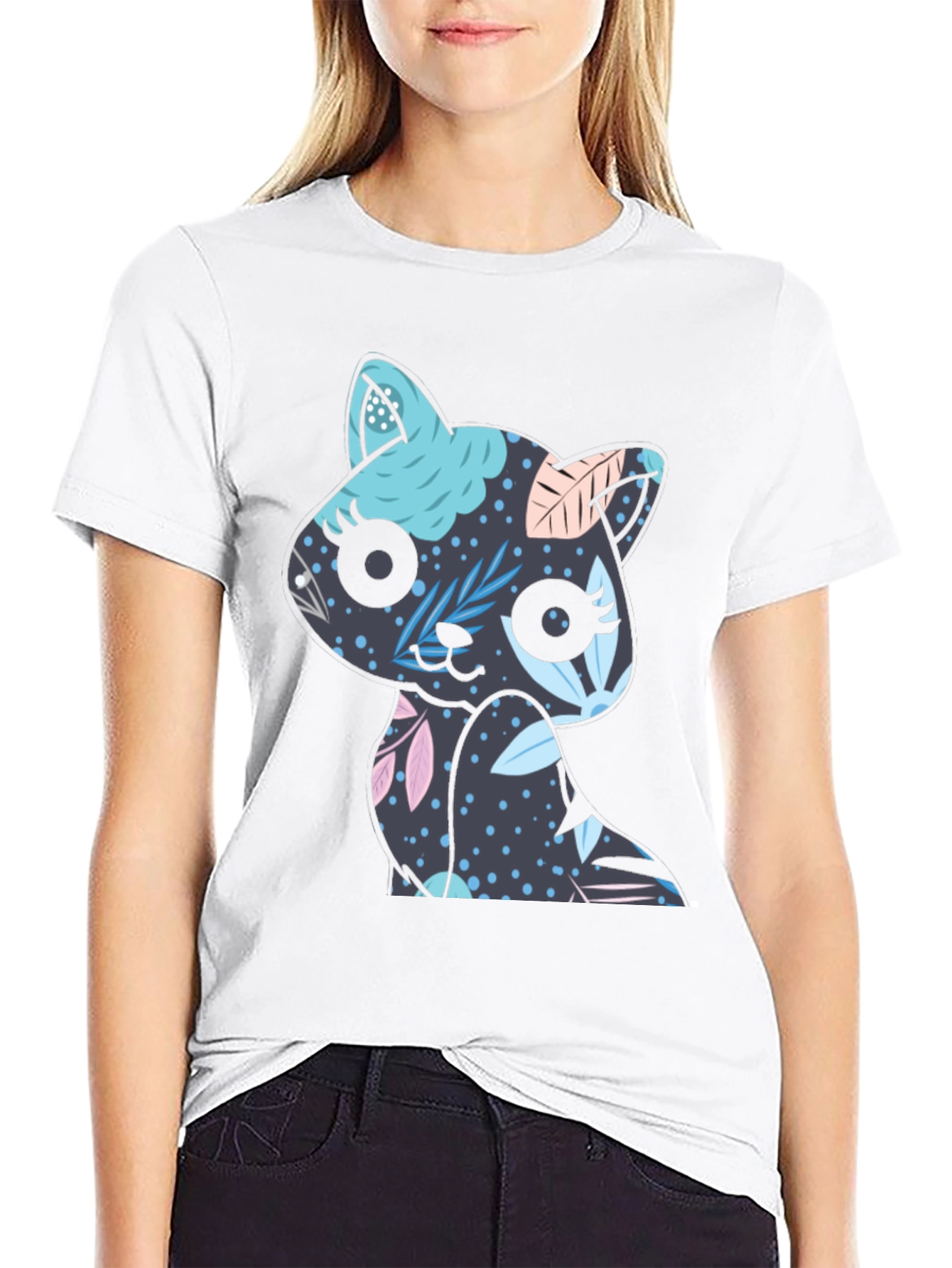 Floral Cat T-Shirt - Black Cute Kitty Tee